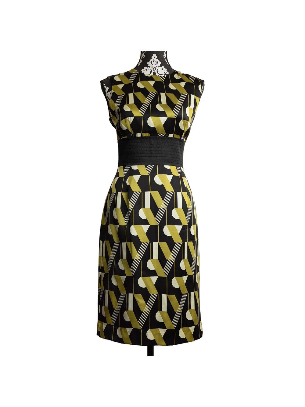 Womens Designer Vintage Maggy London Sleeveless Mid-Century Geometric Silk Dress